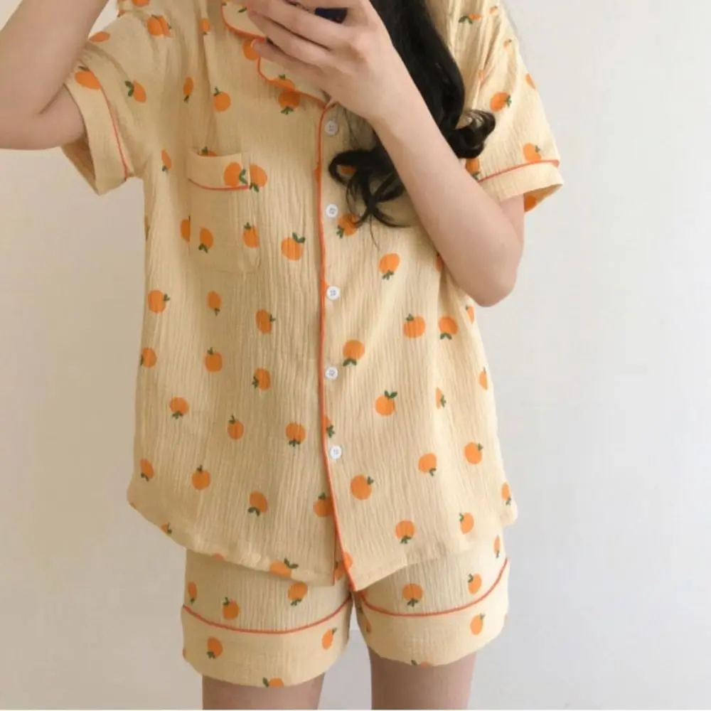 Cómodo pijama de frutas con cuello en V, traje dulce suelto de dos piezas, ropa de dormir para el hogar, ropa de dormir corta de manga corta para mujer para el hogar