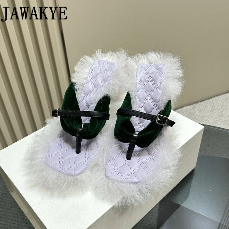 2023 Summer Sexy Women\'s Fur Sandals Square Split Toe Sexy Plush Edge High Heel Slippers Brand Casual Women\'s Dress Slides