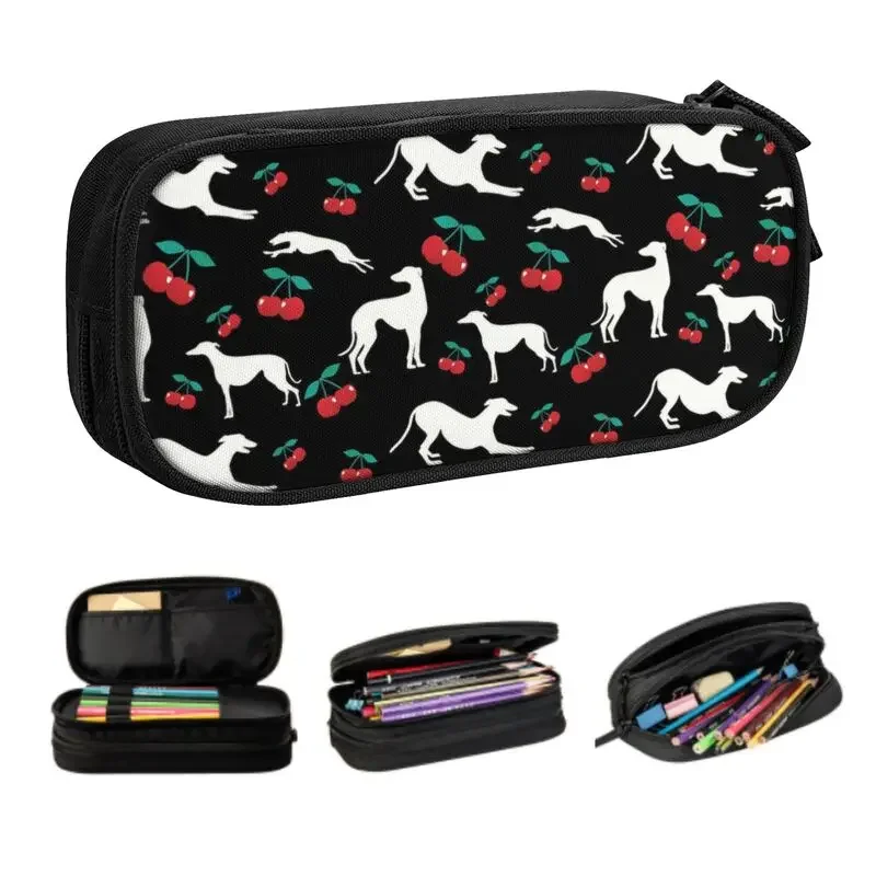 Cute Greyt Greyhound Cherry Pencil Case for Girl Boy Large Storage English Sighthound Whippet Dog Pencil Bag School Supplies