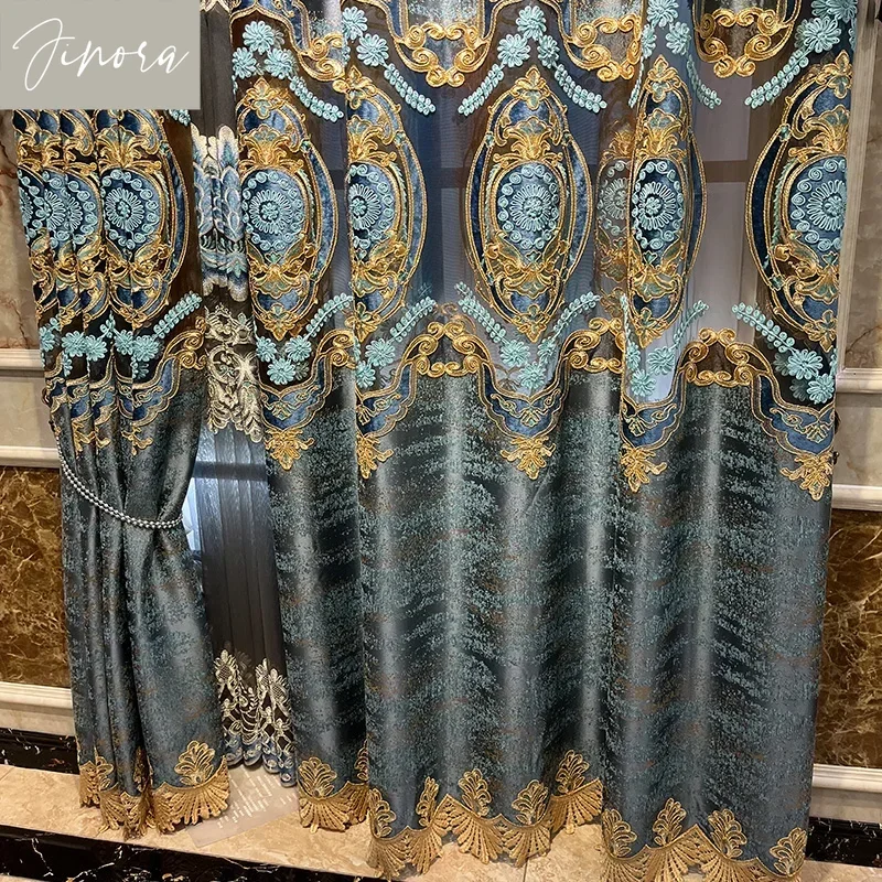 Blue Hollow Relief Chenille Embroidered Window Screen Curtains For Living Room Bedroom French Window Villa Customization