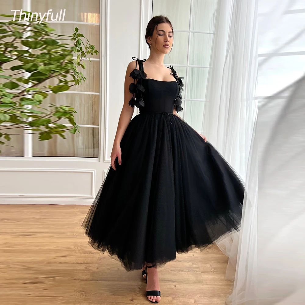 

Thinyfull A-line Dotted Tulle Prom Dresses Spaghetti Strap Square Collar Evening Party Gown Tea-length Special Occasion Dress