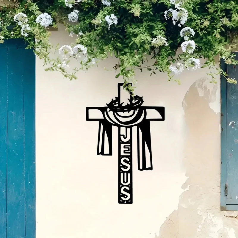 Rustic Iron Wall Art - Jesus Cross with Crown of Thorns, Perfect Religious Decor for Home & Garden,1pc