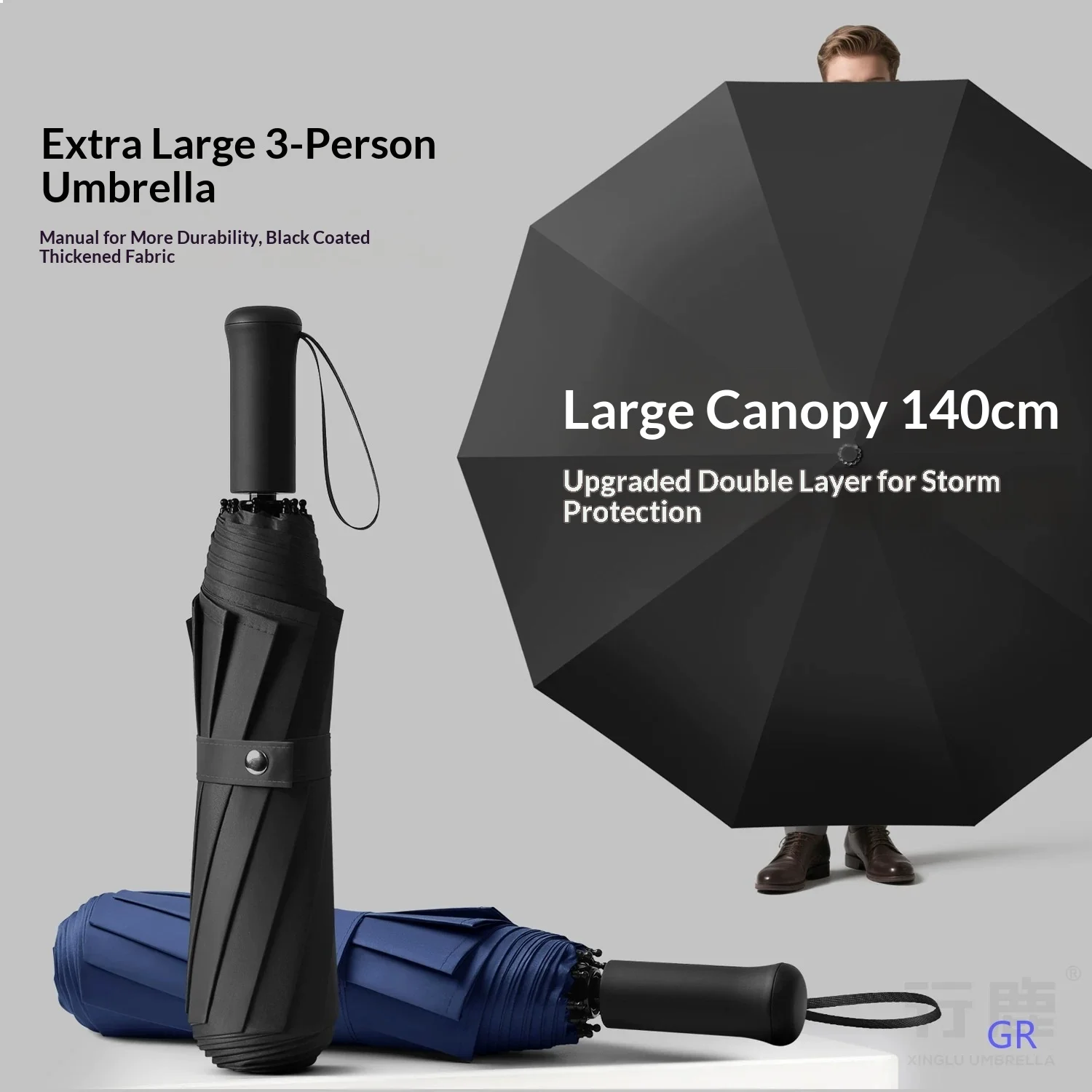 手動大型傘-超厚手強化二重層-耐風雨日よけ-折りたたみ式
