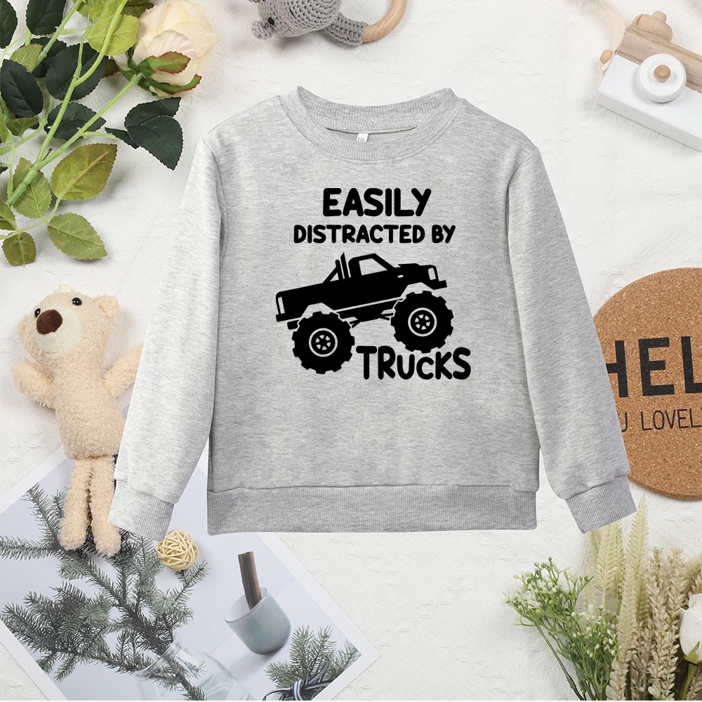 Grey Print Kid New Sweatshirts Tops High Quality Dropship Easily Distracted By Trucks Graphic Child Sweater Hoodless Hot Clothes