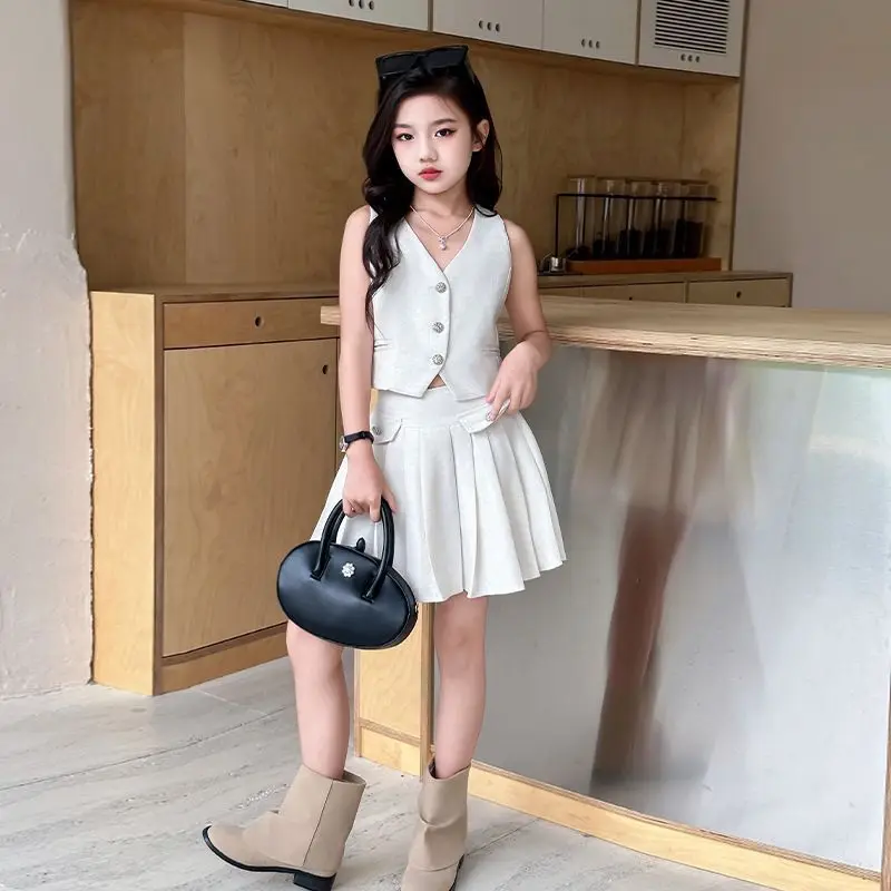

Girls Suits High Waist Pleated Skirt Two-piece SetSmall Fragrant Wind New Vest Set Women Temperament Sleeveless Vest Top