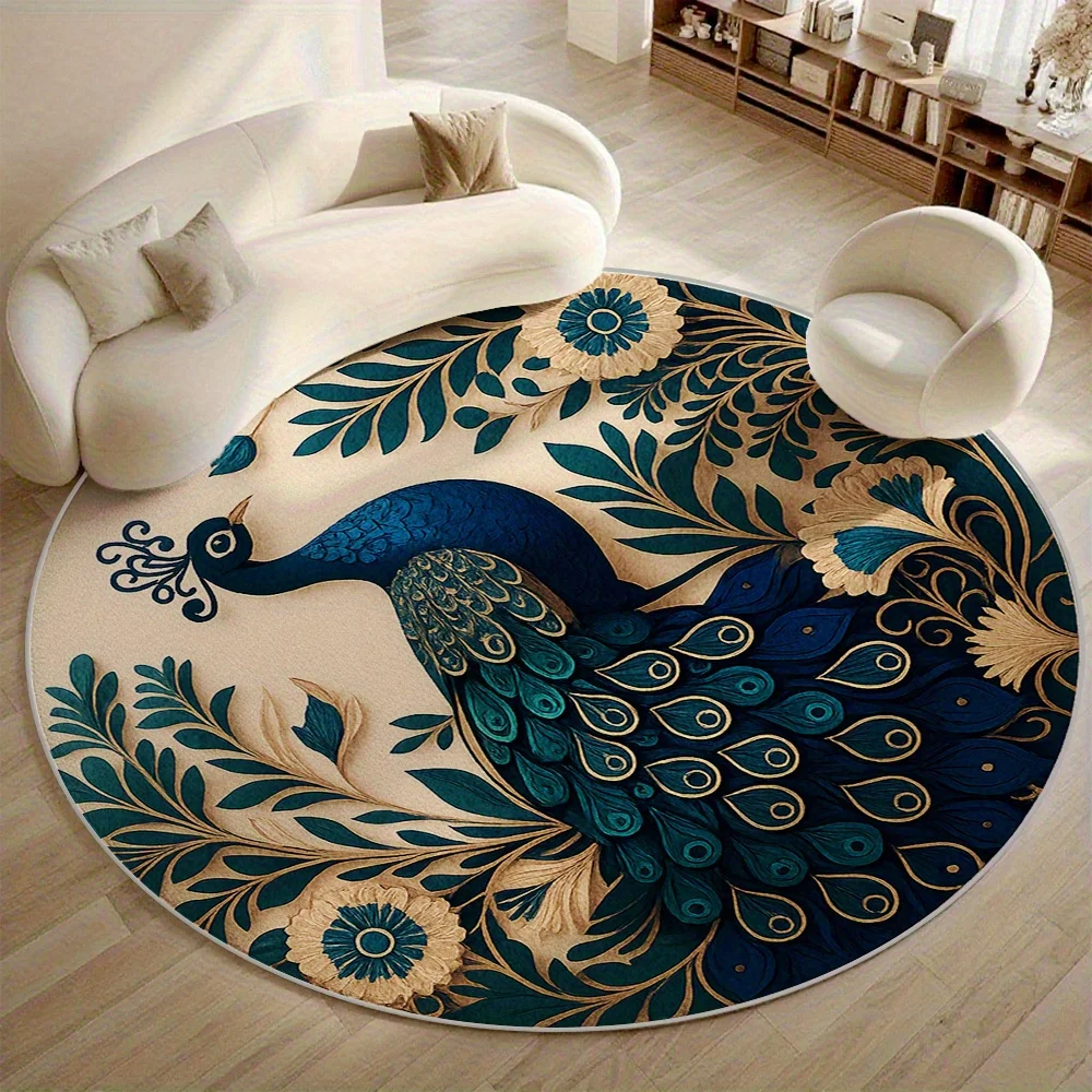 1PC Luxury Turquoise Gold Peacock Round Rug, Non-slip Floor Mat for Living Room, Bedroom, Bathroom, Holiday Home Decoration
