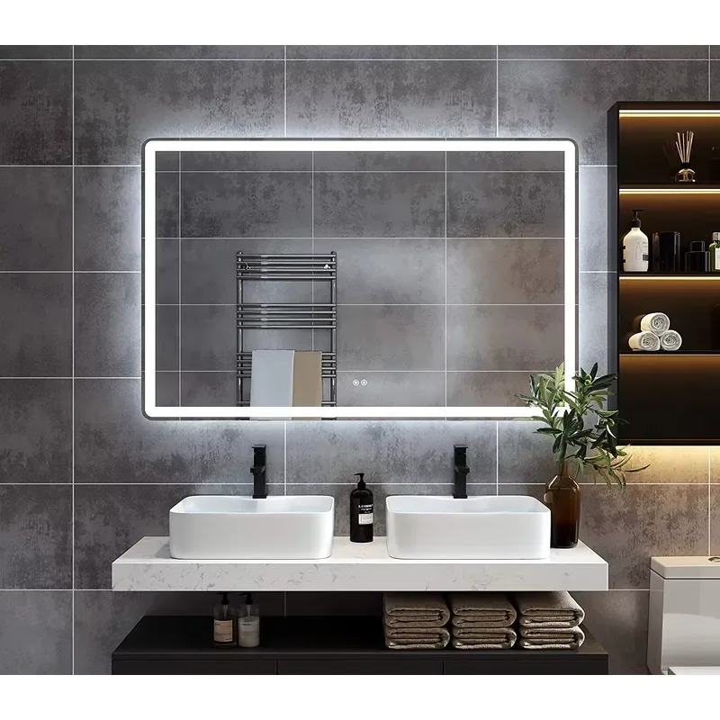 Light Emitting Diode rectangular bathroom vanity mirror with circular light sensor or touch switch for use in apartment