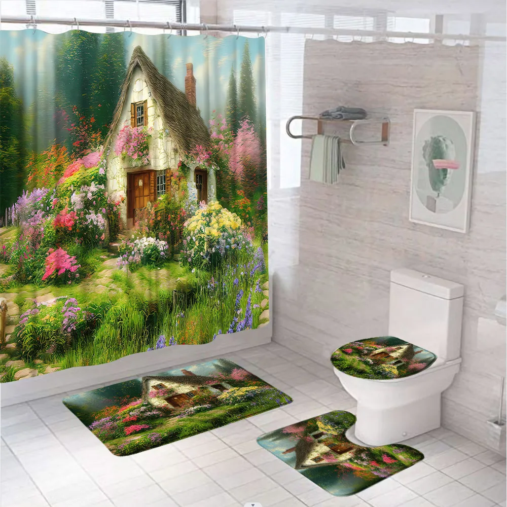 Watercolor Country Scenery Shower Curtain Set Farmhouse Flower Plant Fabric Bathroom Curtain Non Slip Bath Mat Rug Toilet Cover