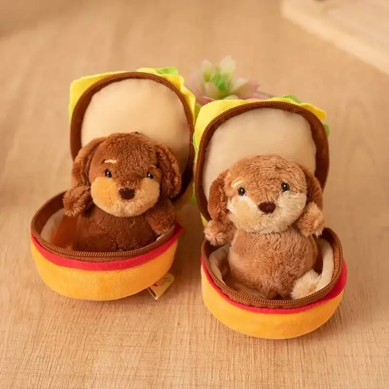 Porte-clés en peluche teckel de dessin animé Kawaii, poupée jouet mignon chien Hamburger pendentif spécial enfant petite amie cadeau d'anniversaire décor de sac à dos