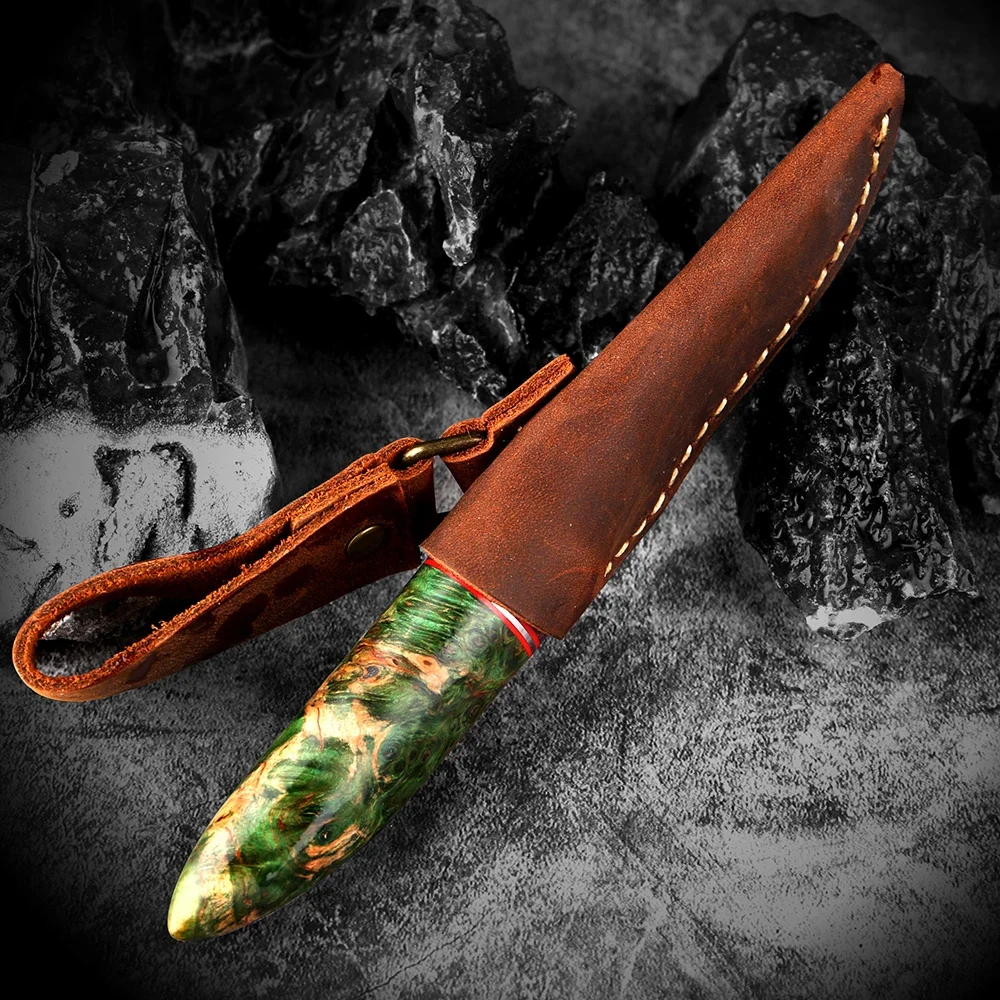 Outdoor Small Straight Knife VG10 Damascus Steel Camping Survival Sharp Knife Fruit Knife Japanese Knife with Leather Sheath