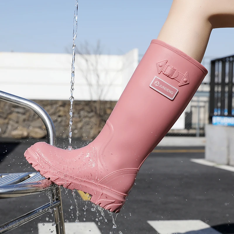 Sweet Pink High-Tube Rain Boots Women's Outdoor Hiking Thick Bottom Waterproof Non-Slip Soft Bottom Fashionable Outdoor Rain ...