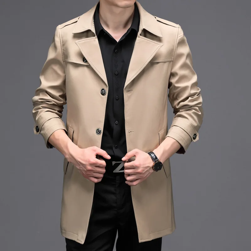 

2024 Spring and Autumn Collar Medium Long Thin Men's Casual Windbreaker Large Business Casual British Top Coat for Men