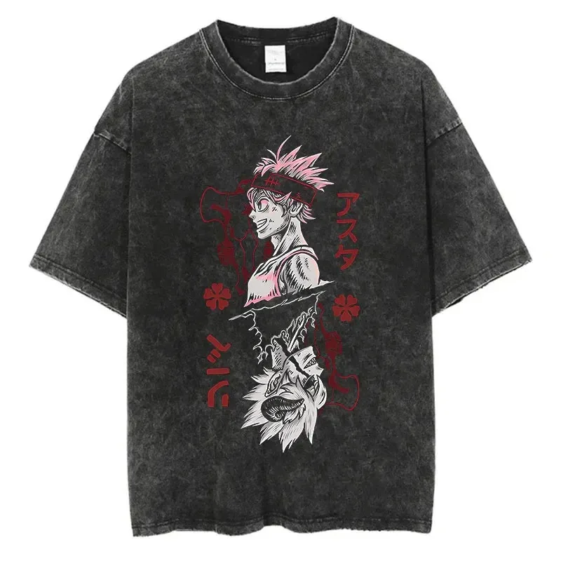 Anime Black Clover Washed T-Shirt Harajuku Streetwear Graphic Retro T-Shirt Summer 100% Cotton Hip Hop Short Sleeve Top T-Shirt