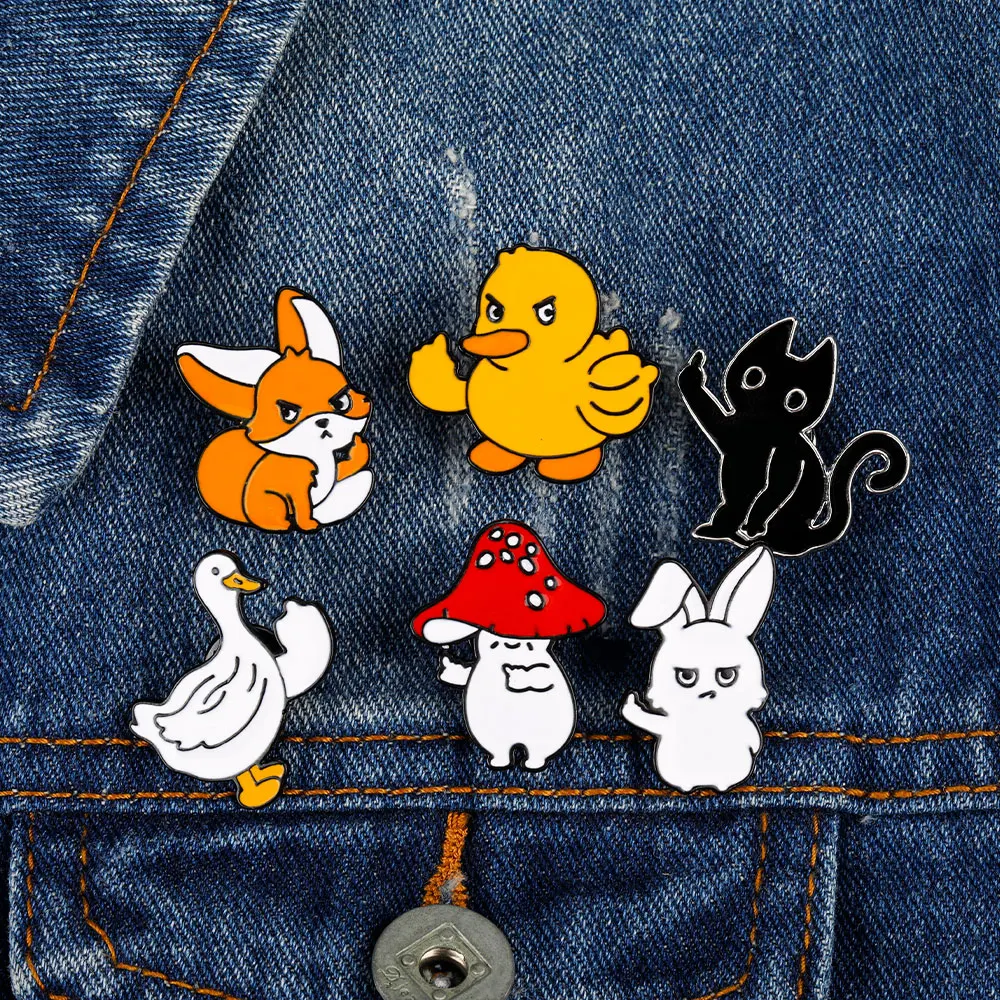 6Pcs/Set MIddle Finger Animal Pins Angry Groose Duck Cat Dog Bunny Brooches For Backpack Coat Clothes Jewelry Accessories