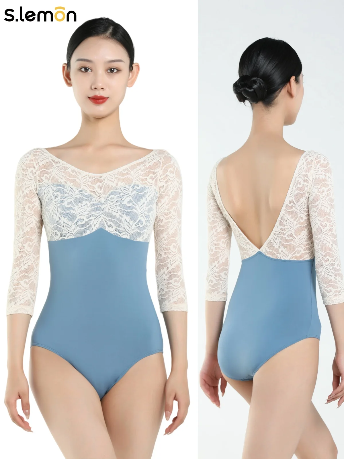 

S.lemon Ballet Leotard Women Professional 3/4 Sleeve Lace V-Neck Open Back Gymnastics Dancewear Girls