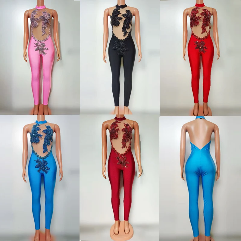

Sexy Mesh Rhinestones Jumpsuit Women Singer Festival Outfit Jazz Dance Clothing Bar Nightclub Party Stage Rave Wear XS9727