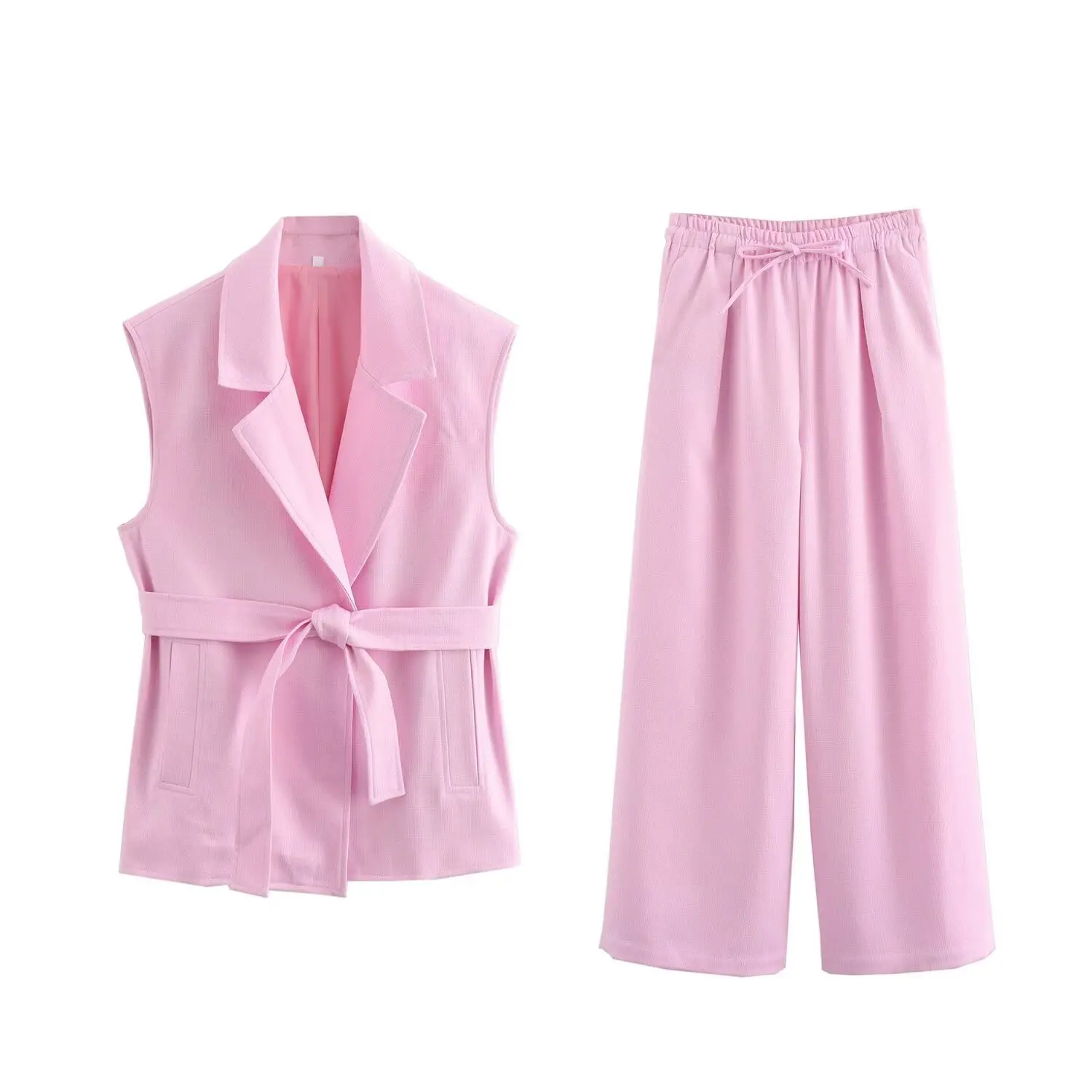 

Spring Summer Women's 2-piece Set Outfit Sleeveless Vest Belt Lapel Top Wide Leg Pants Design Casual Pants Sets Festival Outfit