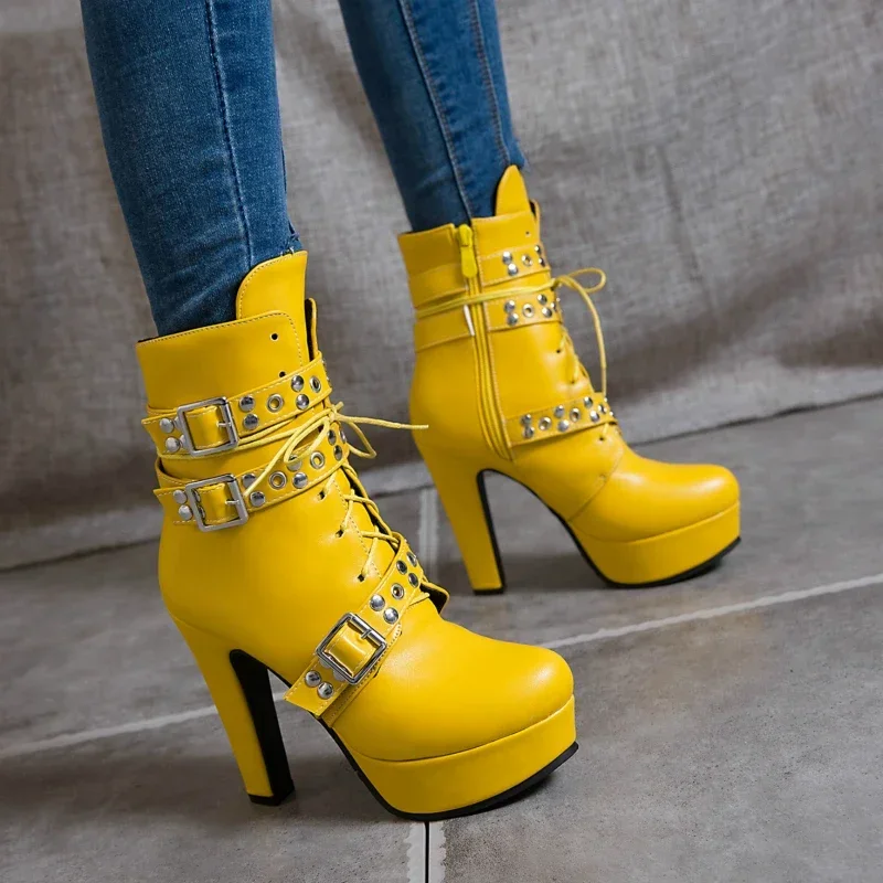 Women Ankle Boots Platform Red Yellow White Lace Up High Heels Short Boot Female Buckle Autumn Winter Sexy Men Shoes Large Size