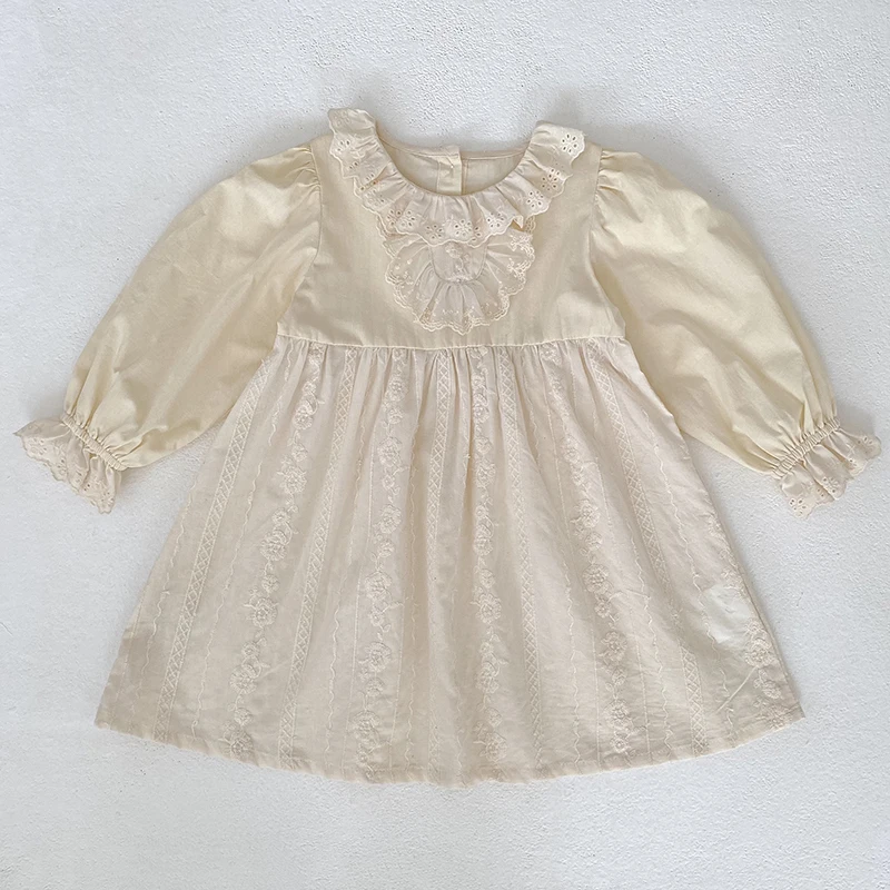 2026 Mädchen Langarmkleid mit Rüschen-Spitzenkragen, besticktes Baumwoll-Prinzessinnenkleid für Frühling und Herbst, Kindergeburtstagsparty Vestido – Detail 5