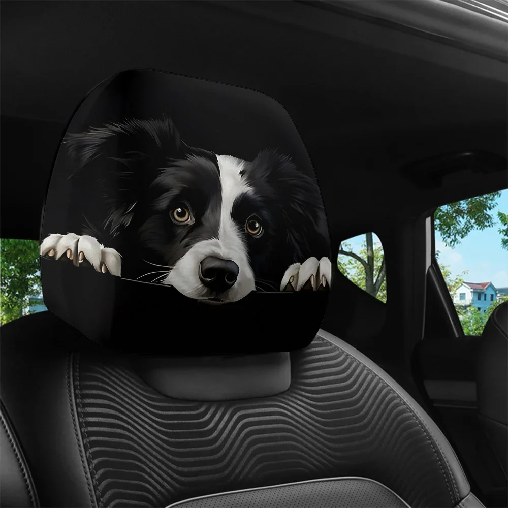 2Pcs Curious Eyes Border Collie Print Headrest Covers Decor Easy To Install And Wash
