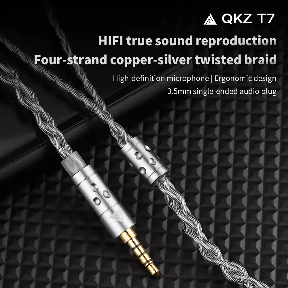 QKZ T7 3.5mm Plug iem Cable 4-Strand 2Pin 0.75mm Upgrade HiFi Earphone Cable Replacement Wire For KZ ZSN ZSX PRO X ZS10 CCA TRN