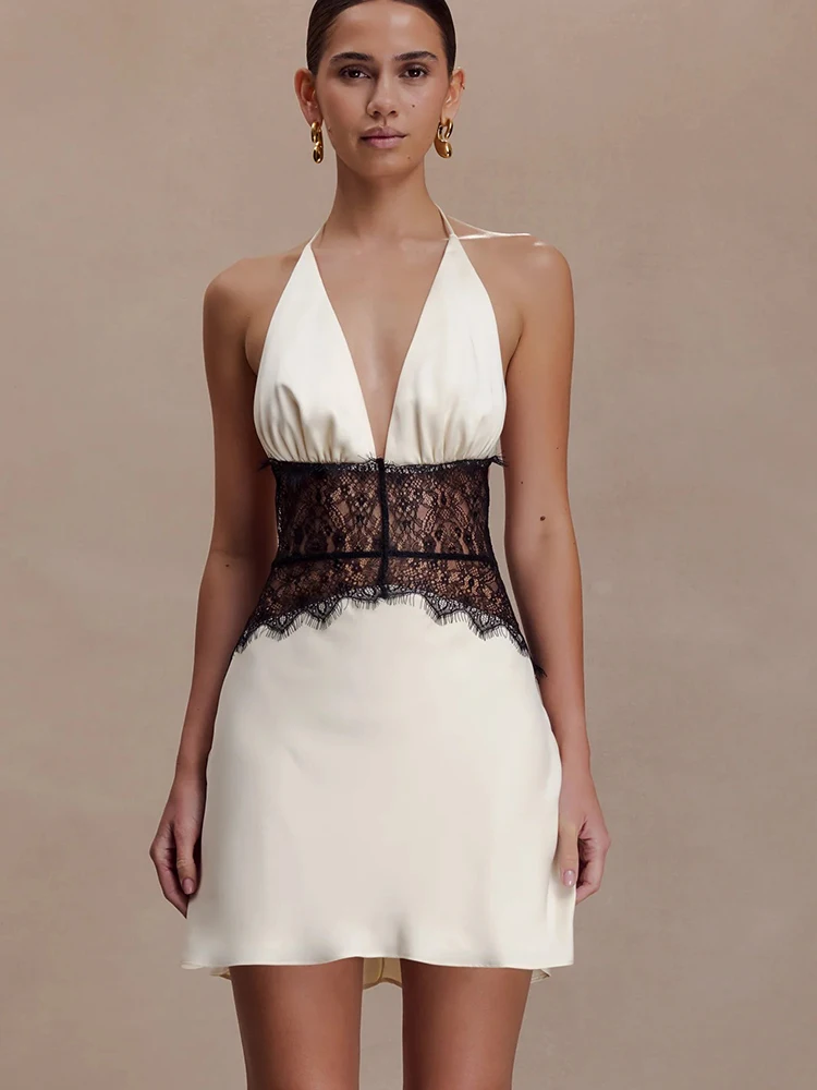 

JULISSA MO Patchwork Lace Sexy Backless Mini Dress Women White Deep V-neck Halter Dress Winter Skinny Elegant Party Club Dresses