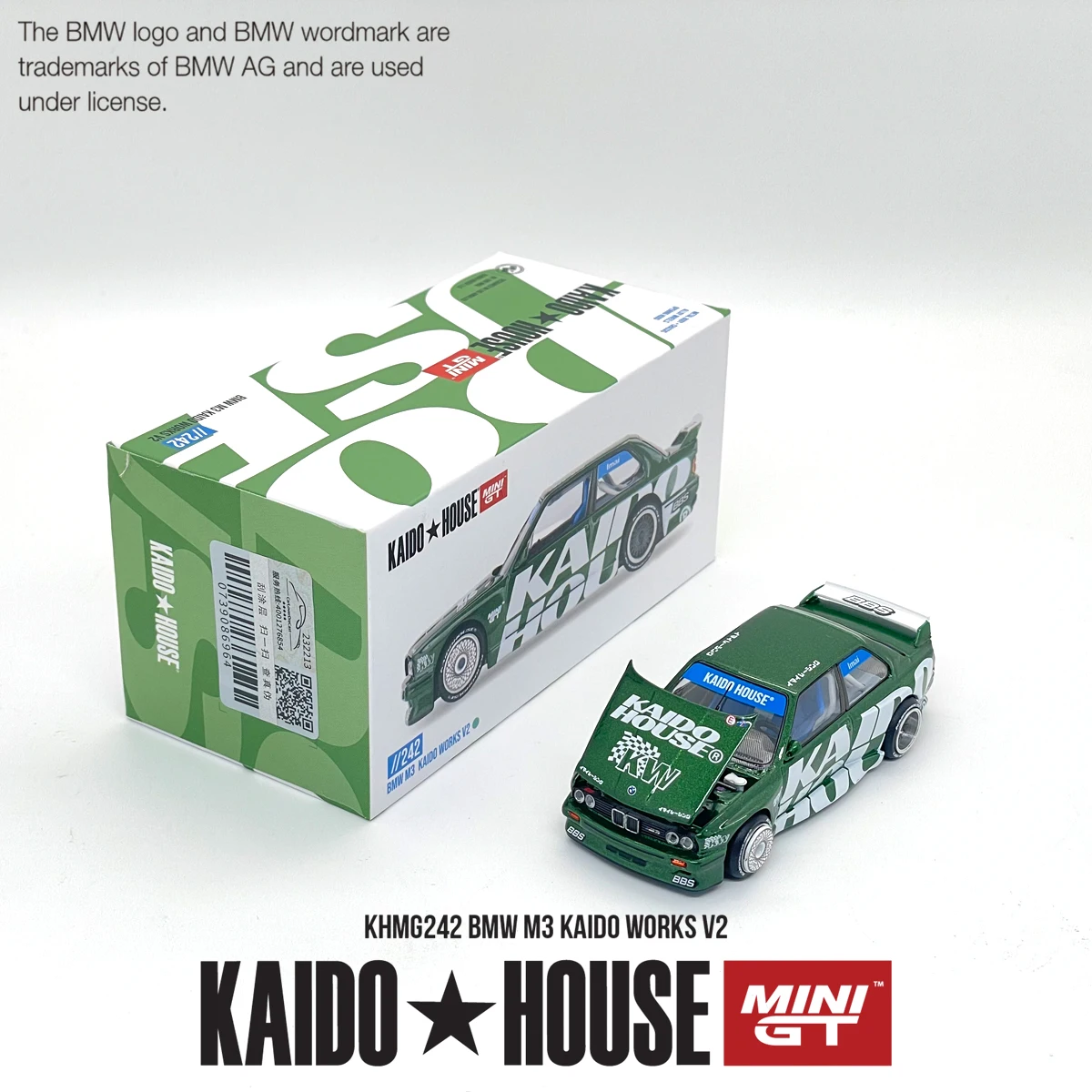 在庫あり-ミニgt-カイドウ-ハウス-1-64-アロイダイキャスト-khmg242-bmw-m3-カイドウ-ワークス-v2-グリーン-フード開閉可能-コレクタブルモデル車両