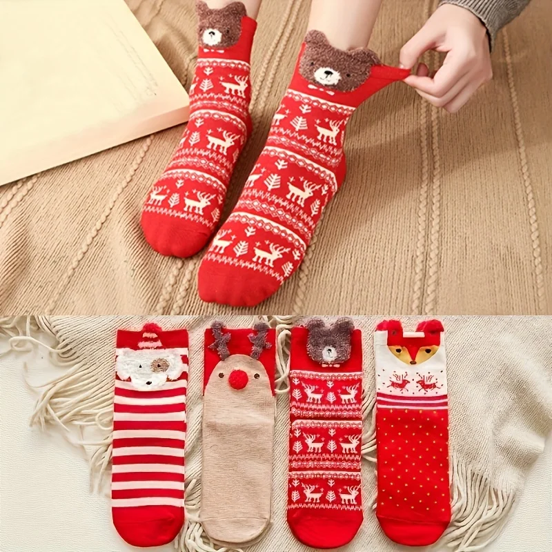 4 Pairs Cartoon Christmas Socks Comfy & Cute Mid Tube Socks Women's Stockings Hosiery Gift Box Mid Tube Wnter Women's Socks