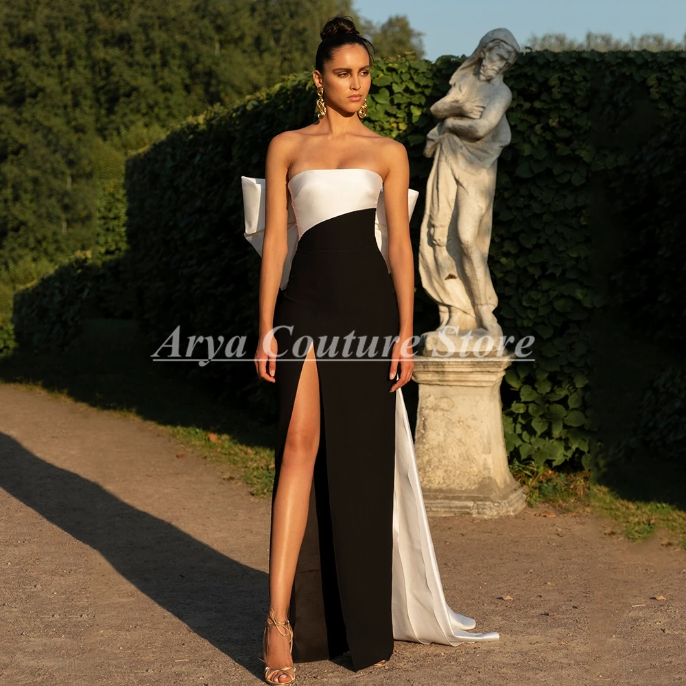 Vestido de noche clásico blanco y negro, parte superior de tubo en la espalda, lazo grande, abertura lateral Sexy y largo hasta el suelo, vestidos de fiesta personalizados para mujer