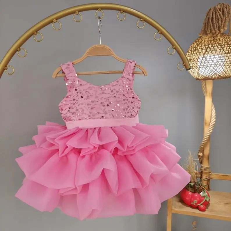 Flower Girls Dress Handmade Pink Sequin Ruffle Dress: Toddler Birthday Outfit