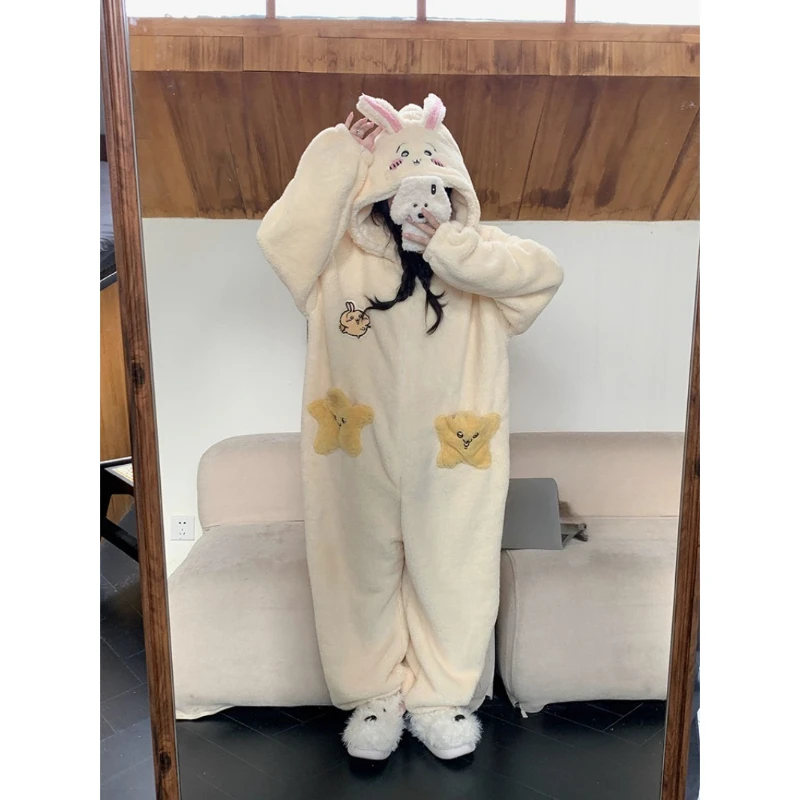 Anime Chiikawa Usagi Onesie Pajama Fleece Lined Winter Thickened Soft Casual Unique Design Women Loose Fit Loungewear Kawaii