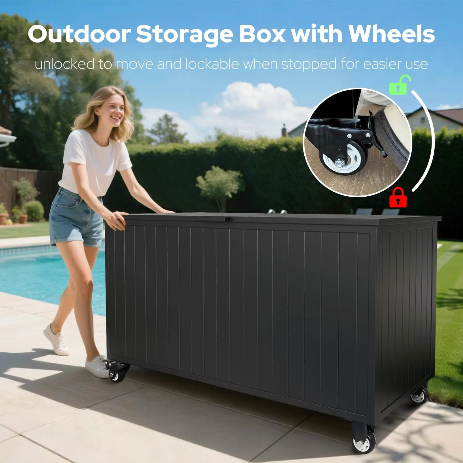 150 Gallon Outdoor Storage Box with Wheels, Metal Deck Boxes,Black
