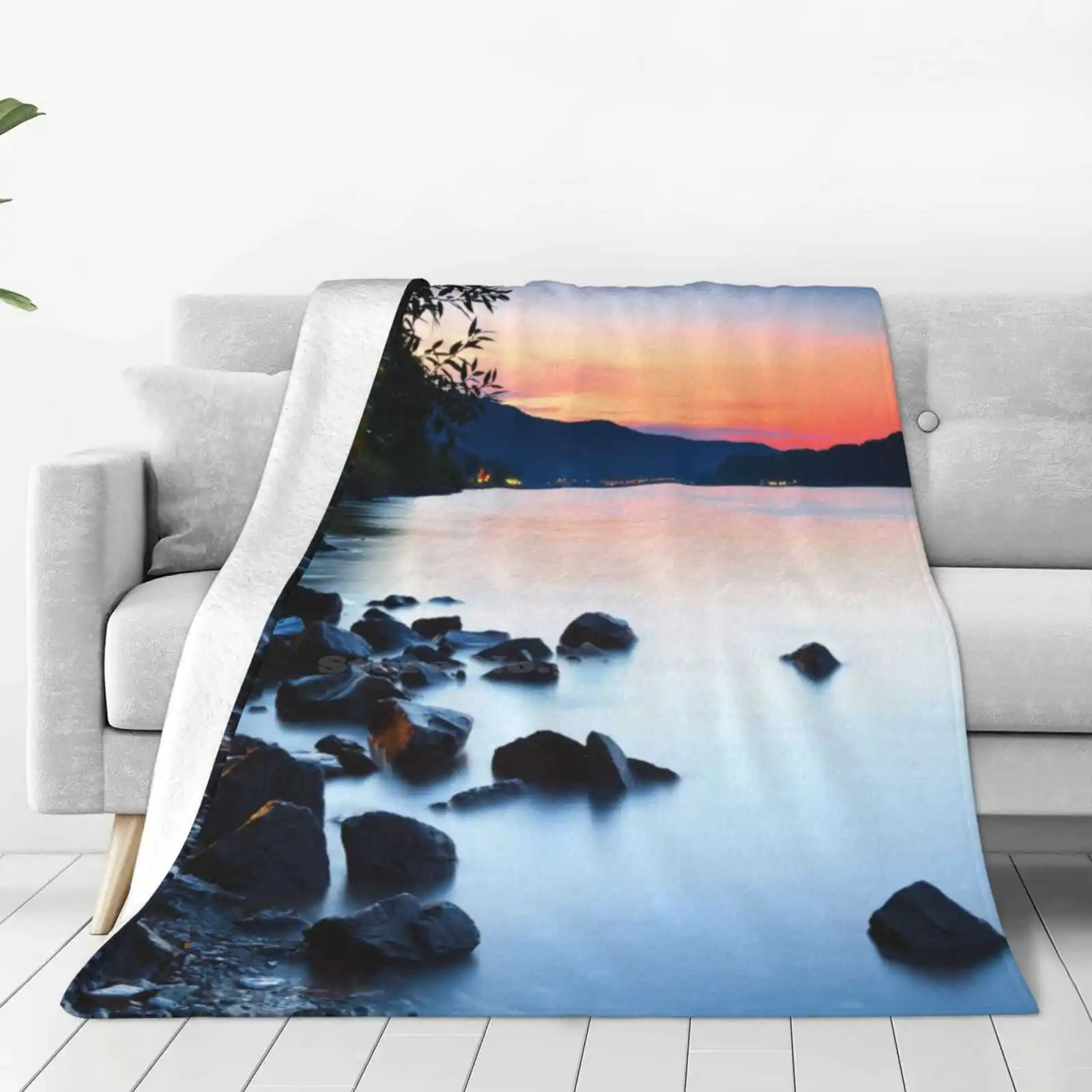 The Rhine 09 Trend Style Funny Fashion Soft Throw Blanket Rhine Landscape River Germany Koblenz Nature Water Sunset Blue Square