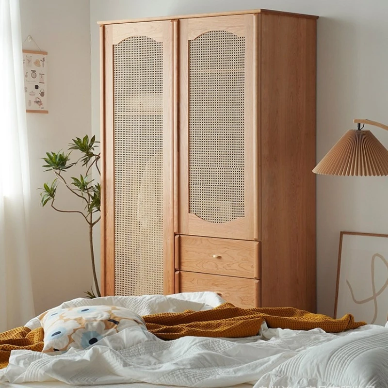 

Japanese-style solid wood wardrobe small apartment storage wardrobe multi-functional rattan locker bedroom four-season clothing