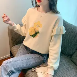 Three Dimensional Flower Round Neck Hoodie with Women's Ruffled Edges New Long Sleeved Versatile Loose and Fashionable Top