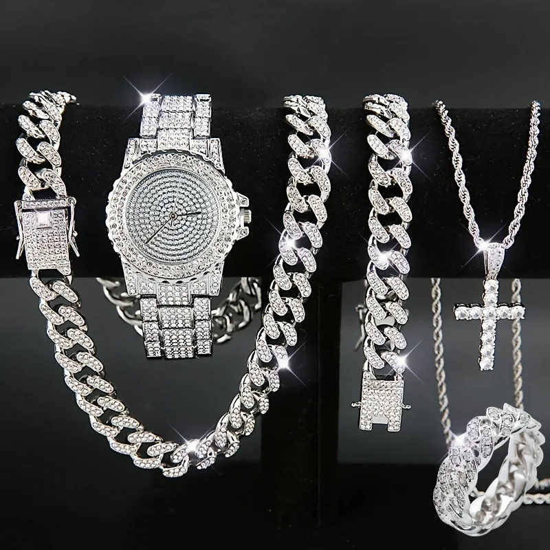 5PCS Hot-Selling Men's Watch Sets for Foreign Trade: Hip-Hop Men's Cuban Necklace Bracelet Ring Cross Set