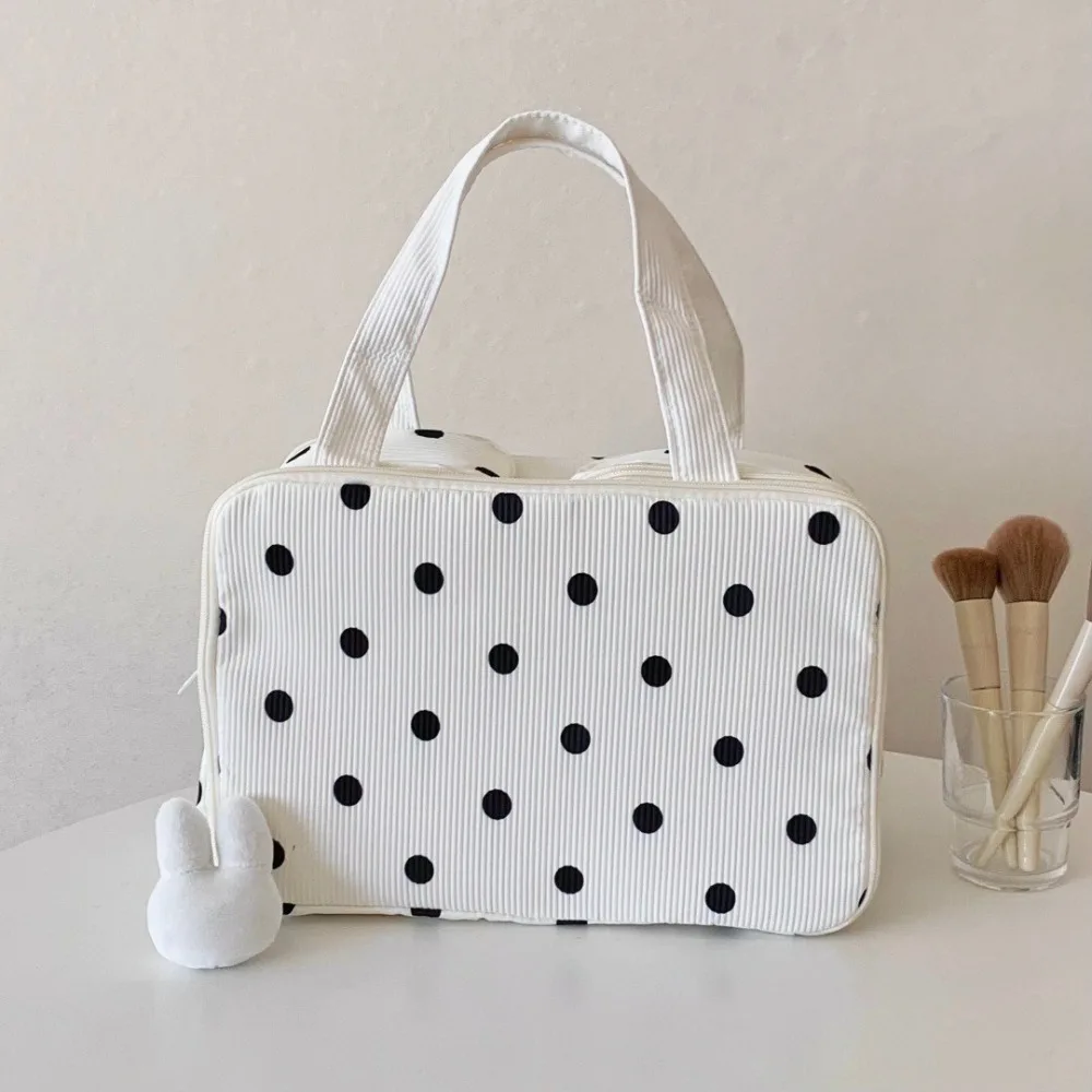 Korean Style Dot Print Corduroy Handheld Makeup Bag  Toiletry Bag Soft Fabric Ladies Skincare Storage Bag For Outdoor Travel