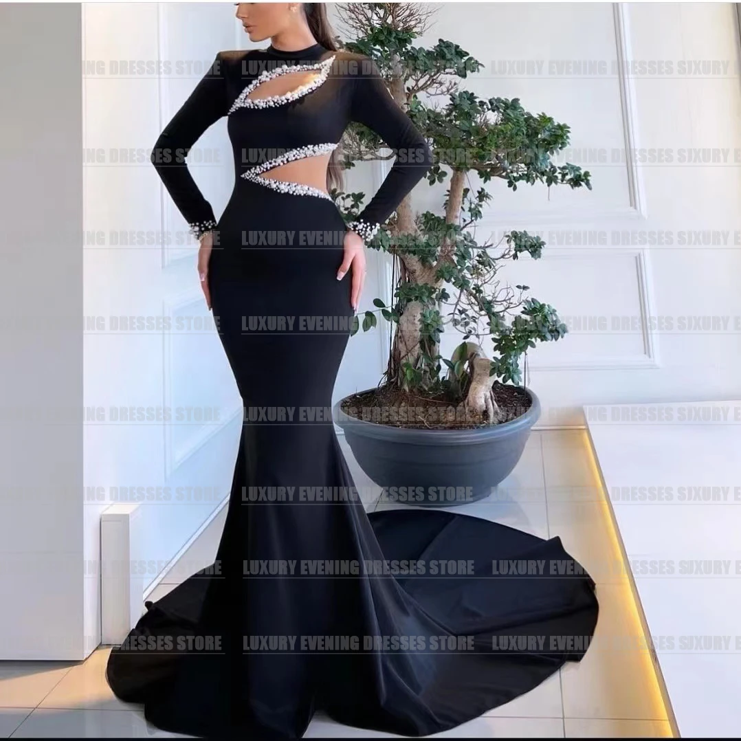 Glitter Sexy Hollow Evening Dresses Woman's Mermaid Cut Out Satin Prom Gowns Formal Long Sleeves Customized Party Vestidos 2025