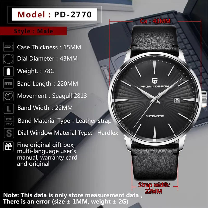 PAGANI DESIGN Новые 2770 Мужские механические наручные часы с сапфировым стеклом 43 мм Автоматические часы Водонепроницаемые часы из нержавеющей стали для мужчин