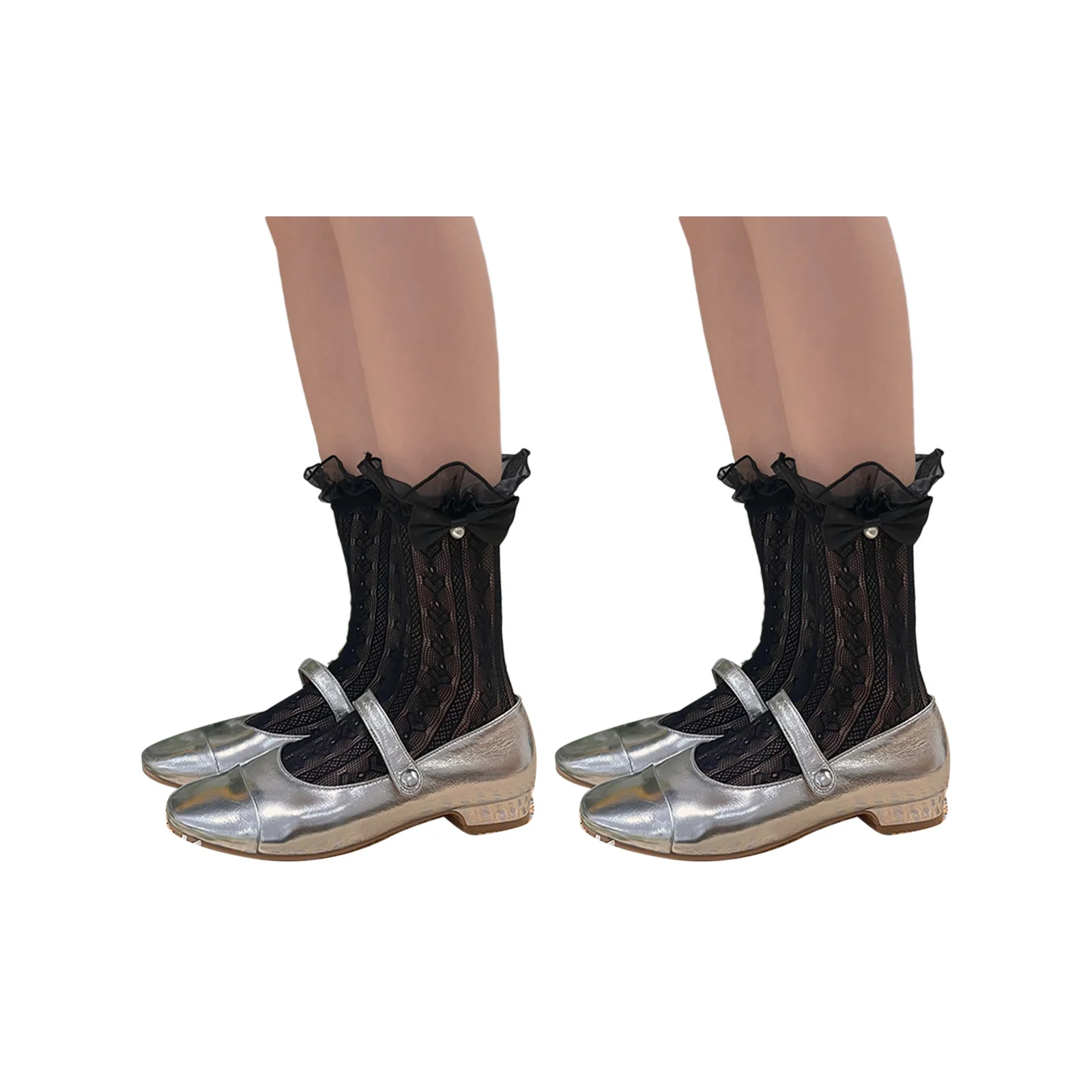 Lace bow Lolita love lace mid-calf socks three-color suit (black/light yellow/white)