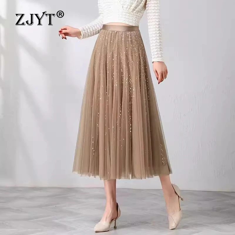 ZJYT Summer Fashion Sequined Midi Mesh Skirts for Women Korean Style Elastic Waist Black Party Skirt Casual Aline Faldas Elegant