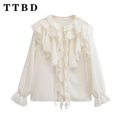 TTBD 2024 New Autumn Woman's Casual Long Sleeve O-Collar Shirt Top Women Clothing Fashion Solid Color Single-breasted Ruffles Co