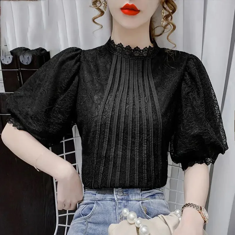 High Quality New Vintage style lace shirt Flare sleeve Hollow out White blouse Casual clothing Elegant Women lace Tops Blusa