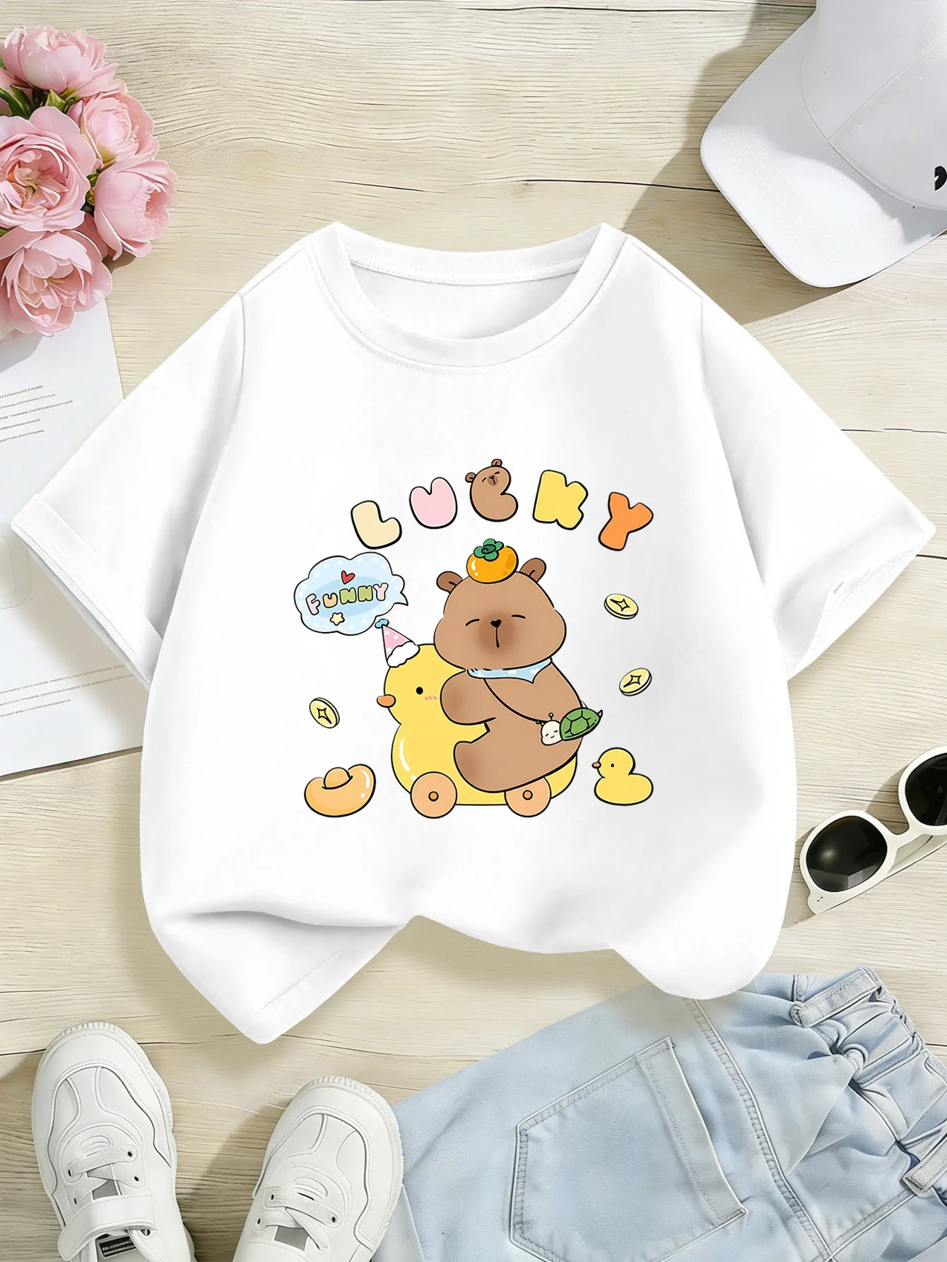 Lucky Capybara Riding Duck Cartoon Graphic Kids T Shirt Boys Girls Family Matching Parent Child Summer Crew Neck Casual Tee