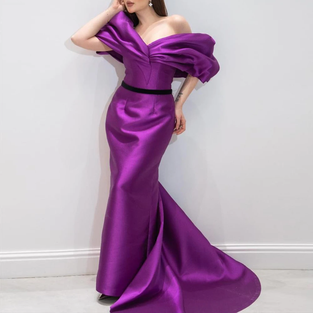 

Purple Prom Dress for Woman Customized Off The Shoulder Pleat Mermaid Birthday Party Gowns with Black Belt Satin Formal Outfits