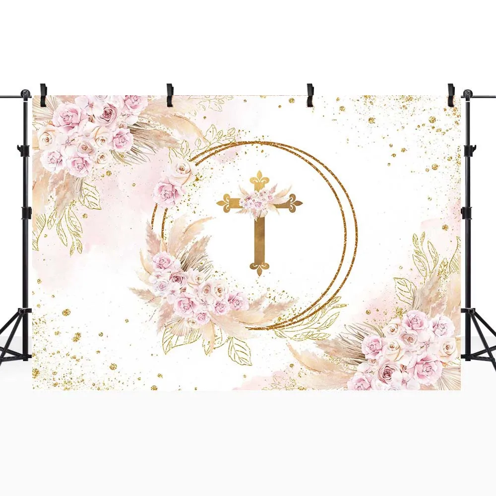 Mocsicka Baby Baptism Backdrop Golden Circle Cross Newborn Christening Party Decorations Pampas Grass Flowers Photo Background