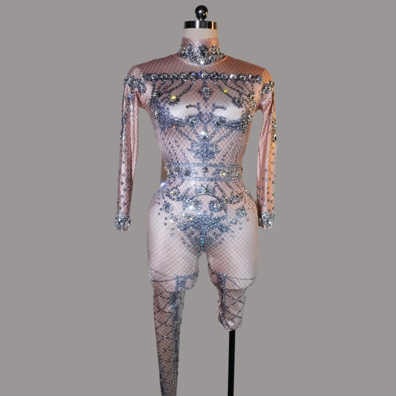 

Womens Printing Diamond Jumpsuit Long Sleeve Sexy Nightclub Party Birthday Wear Leotard Celebrate Pole Dance Stage Festival Show