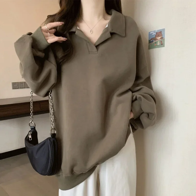 Moletom de mangas soltas para mulheres, tops soltos de gola virada para baixo, monocromático, cobertura de barriga, grandes dimensões, primavera, outono