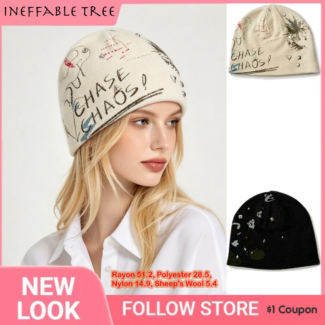 Retro Letter Print 5.4% Sheep's Wool Knitted Beanies Hats for Women Autumn Winter Street Warm Personality Pullover Gorras Hombre