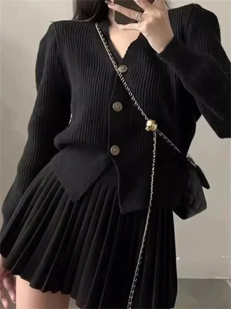 Vintage Female Knit 2 Piece-Set Pleated Skirts Casual Ribbed Cardigan Sweater And Skirt Sets Female Knitwear Outfits 2024